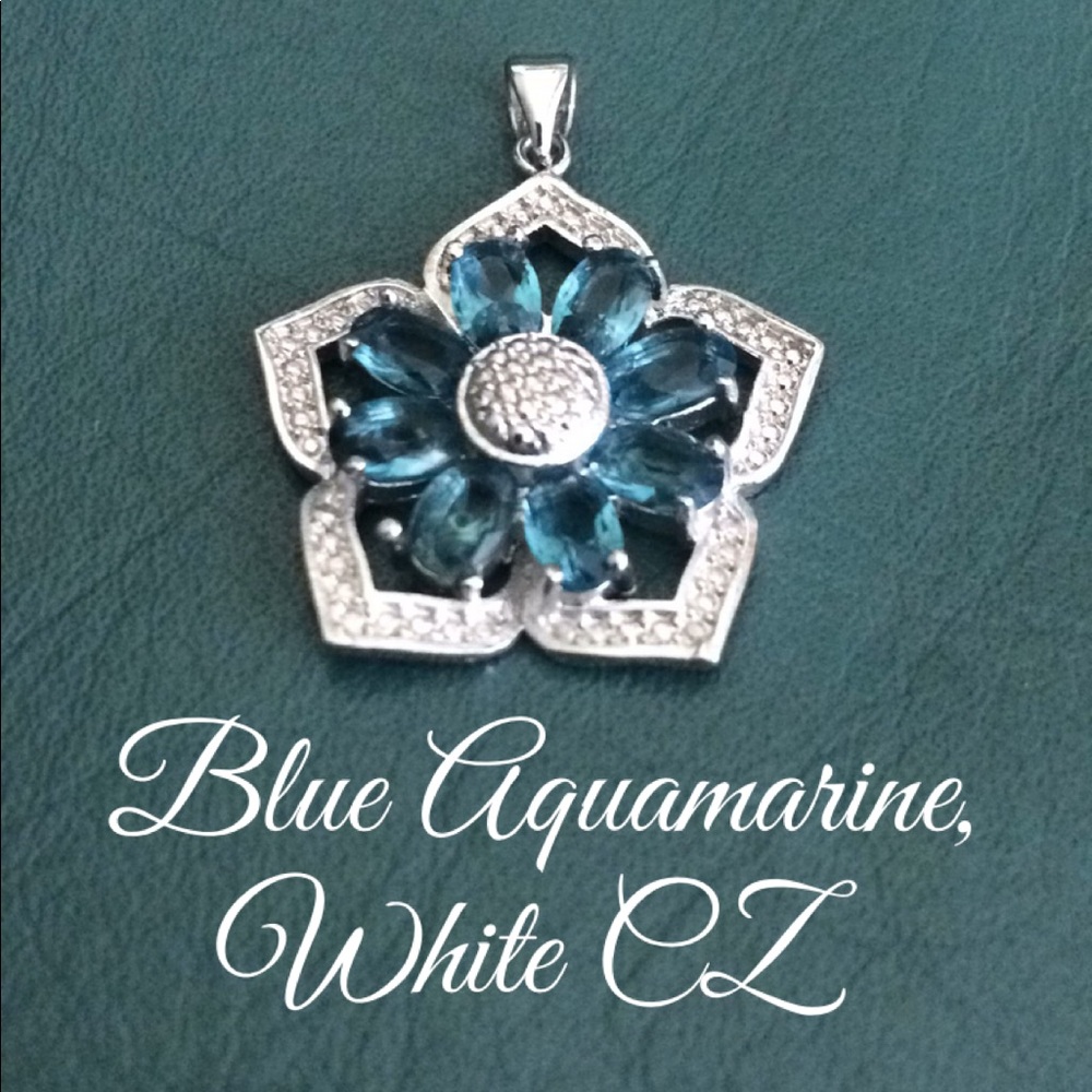 🆕Blue Aquamarine, White CZ Silver Pendant⭐️